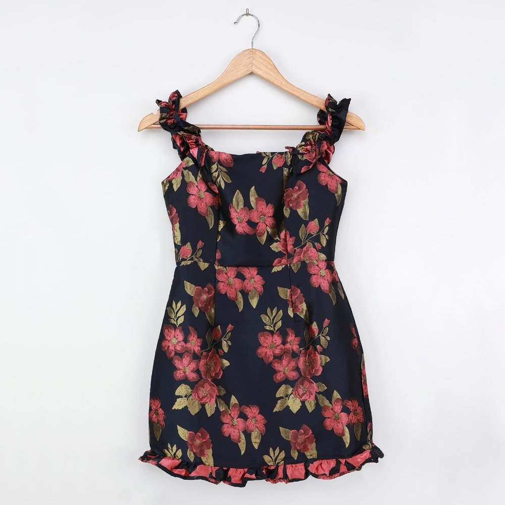 NWT Navy Blue Floral Jacquard Ruffled Mini Dress - Picture 4 of 5
